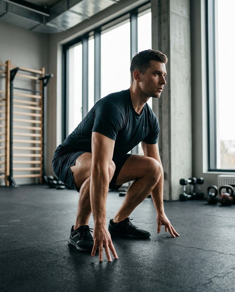 Powrót do przysiadu w burpees ze stopami blisko dłoni