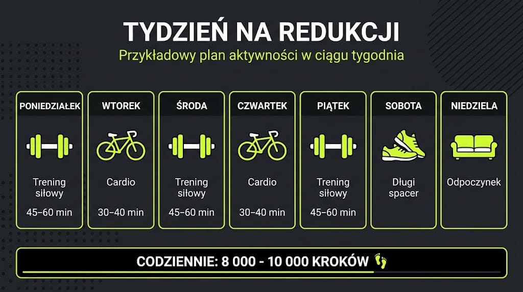Infografika: tydzień osoby na redukcji w formie siedmiu kafelków