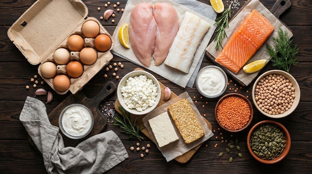 Produkty bogate w białko: mięso, ryby, jaja, nabiał, tofu, strączki i pestki