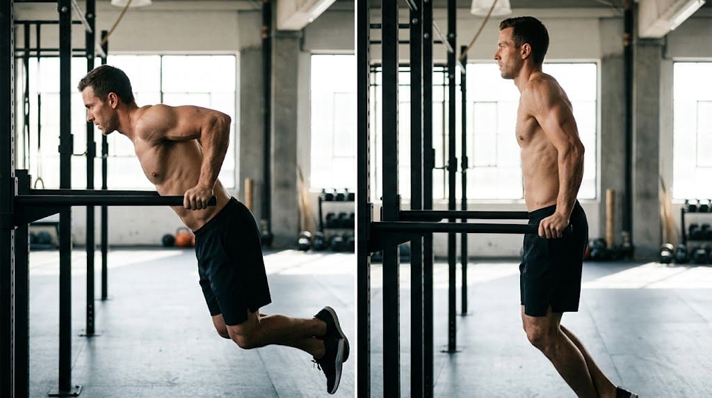 Pompki na poręczach w wersji na klatkę i na triceps
