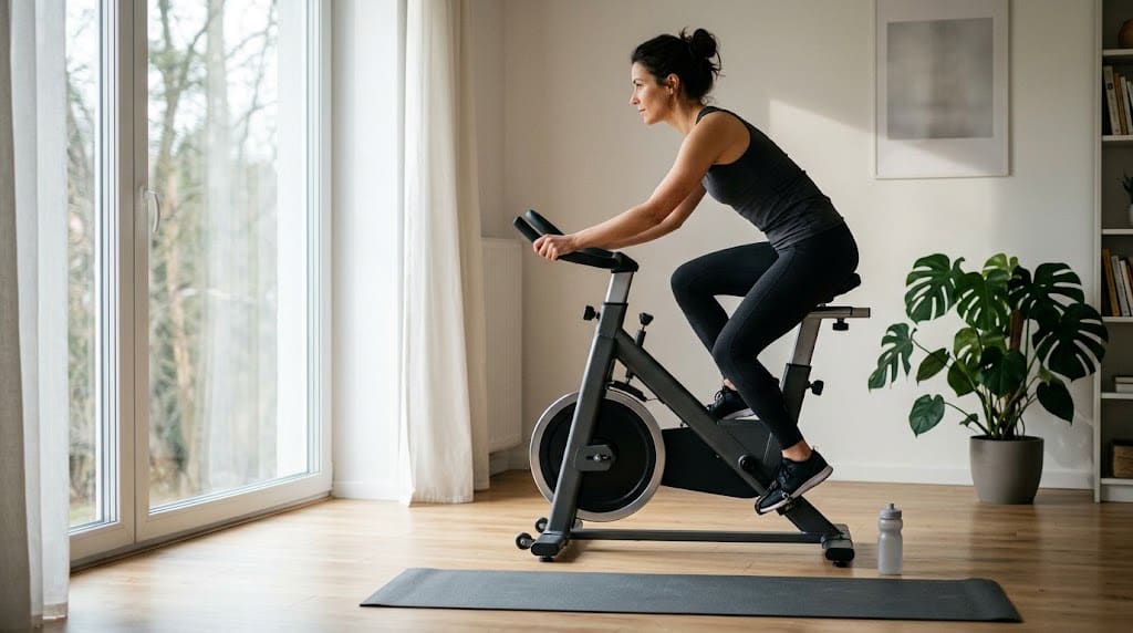 Kobieta jeździ na rowerze stacjonarnym w jasnym pokoju