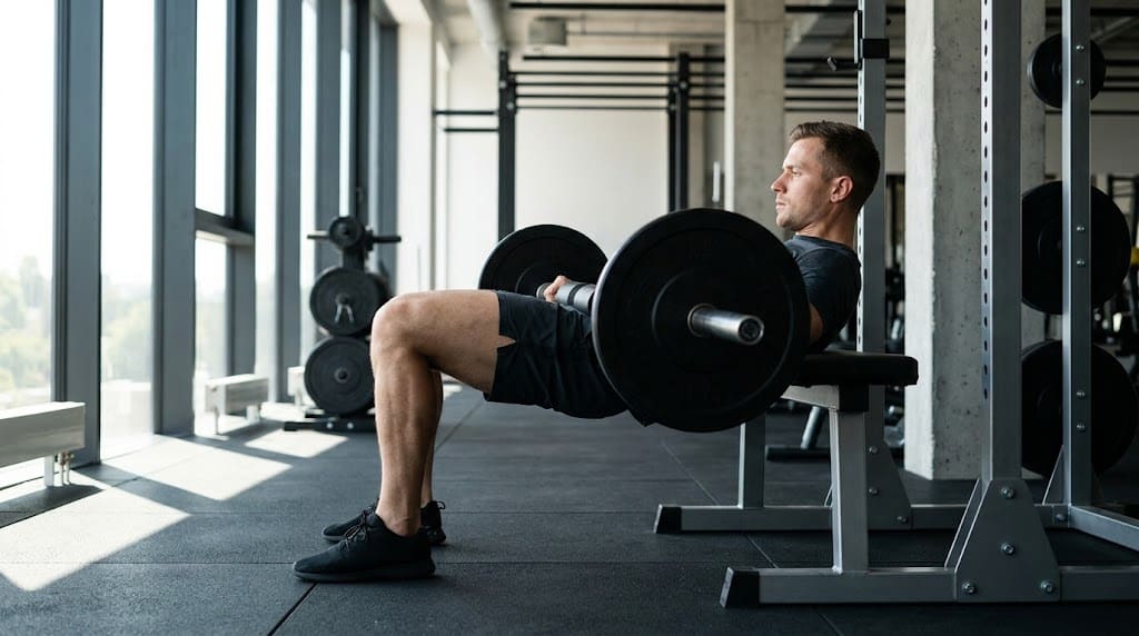 Hip thrust ze sztangą wykonywany przy ławce, widok z boku
