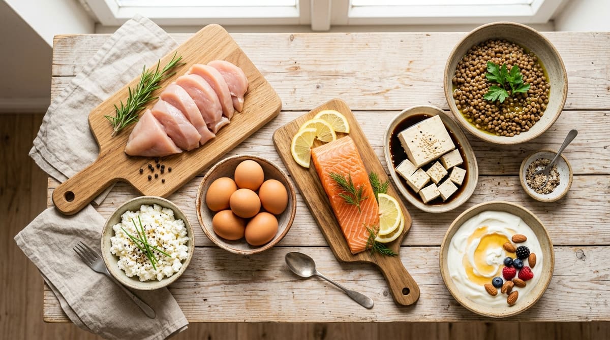 Produkty bogate w białko na stole: kurczak, twaróg, jajka, łosoś, tofu, soczewica i skyr