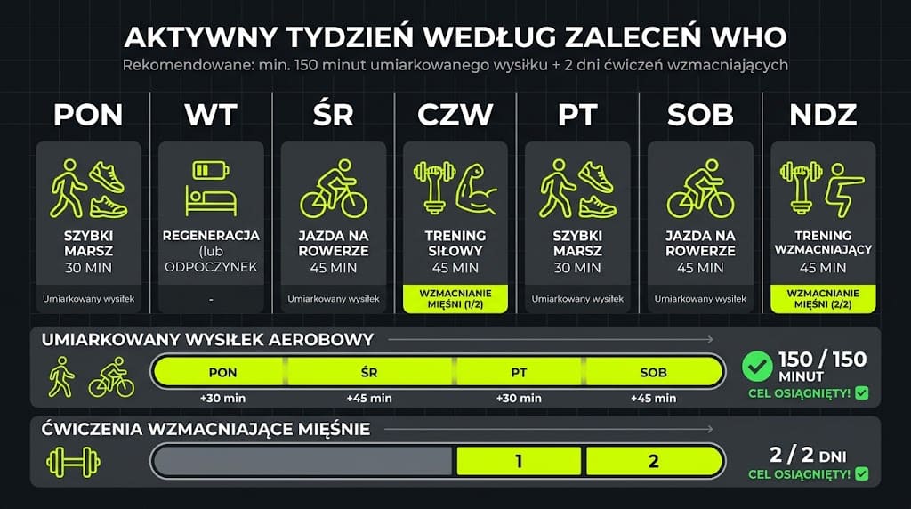 Infografika tygodnia według zaleceń WHO: siedem kolumn dni, w każdej ikony aktywności (szybki marsz 30 min, trening siłowy, rower, dzień wolny) i…