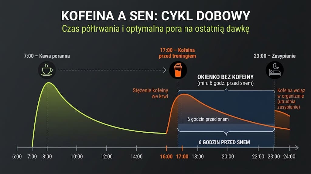 Oś czasu jednego dnia od 6:00 do 24:00: filiżanka kawy o 7:00, porcja kofeiny przed treningiem o 17:00 zaznaczona na pomarańczowo, łagodnie…