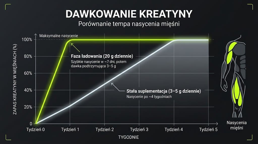 Prosty wykres porównujący dwa sposoby dawkowania kreatyny: linia „ładowanie 20 g dziennie” szybko rośnie i po ok