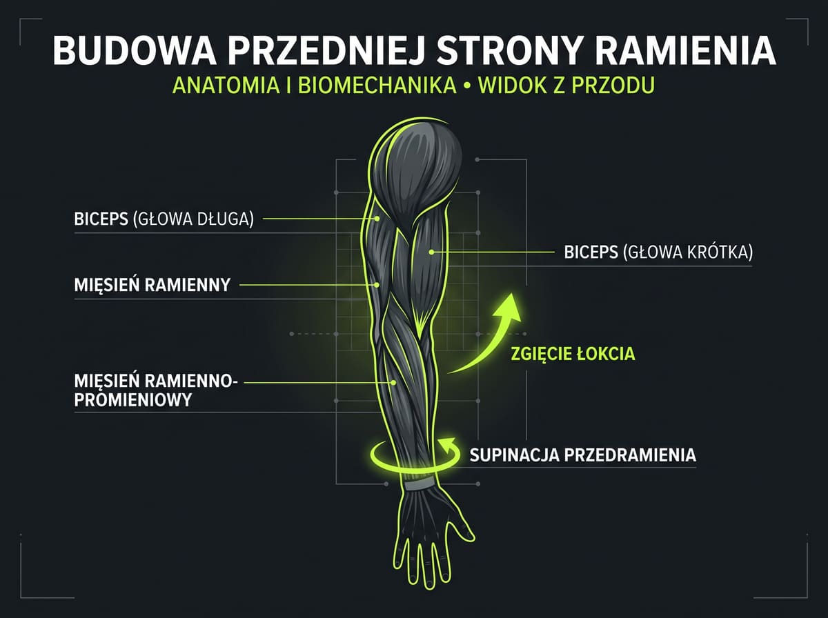 Budowa przedniej strony ramienia: biceps, mięsień ramienny i ramienno-promieniowy