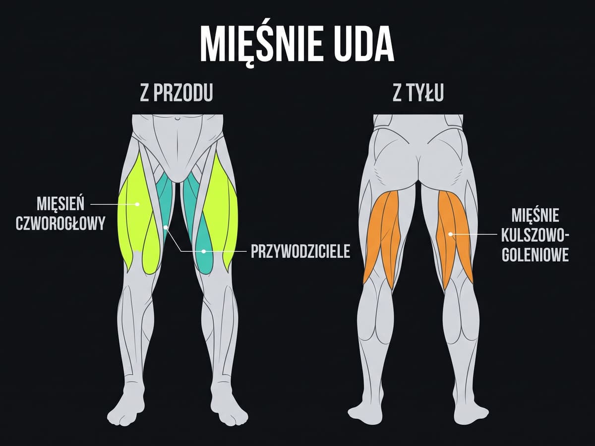 Budowa mięśni uda: czworogłowy, kulszowo-goleniowe i przywodziciele