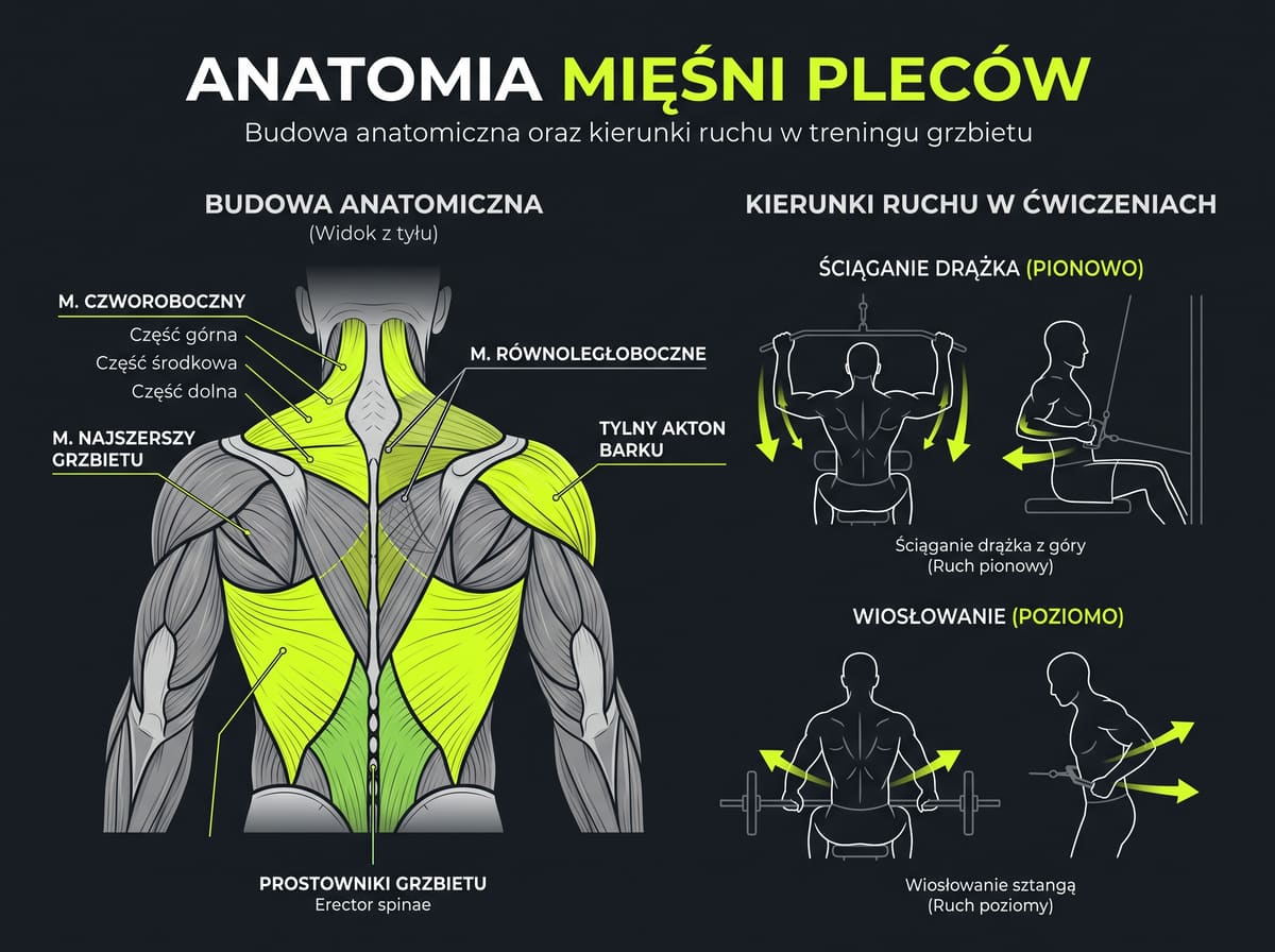 Budowa mięśni pleców: najszerszy grzbietu, czworoboczny i prostowniki grzbietu