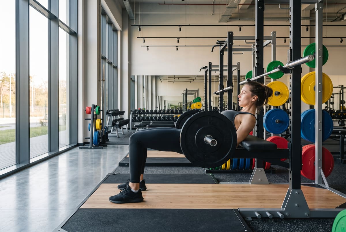 Górna pozycja hip thrustu ze sztangą, widok z boku