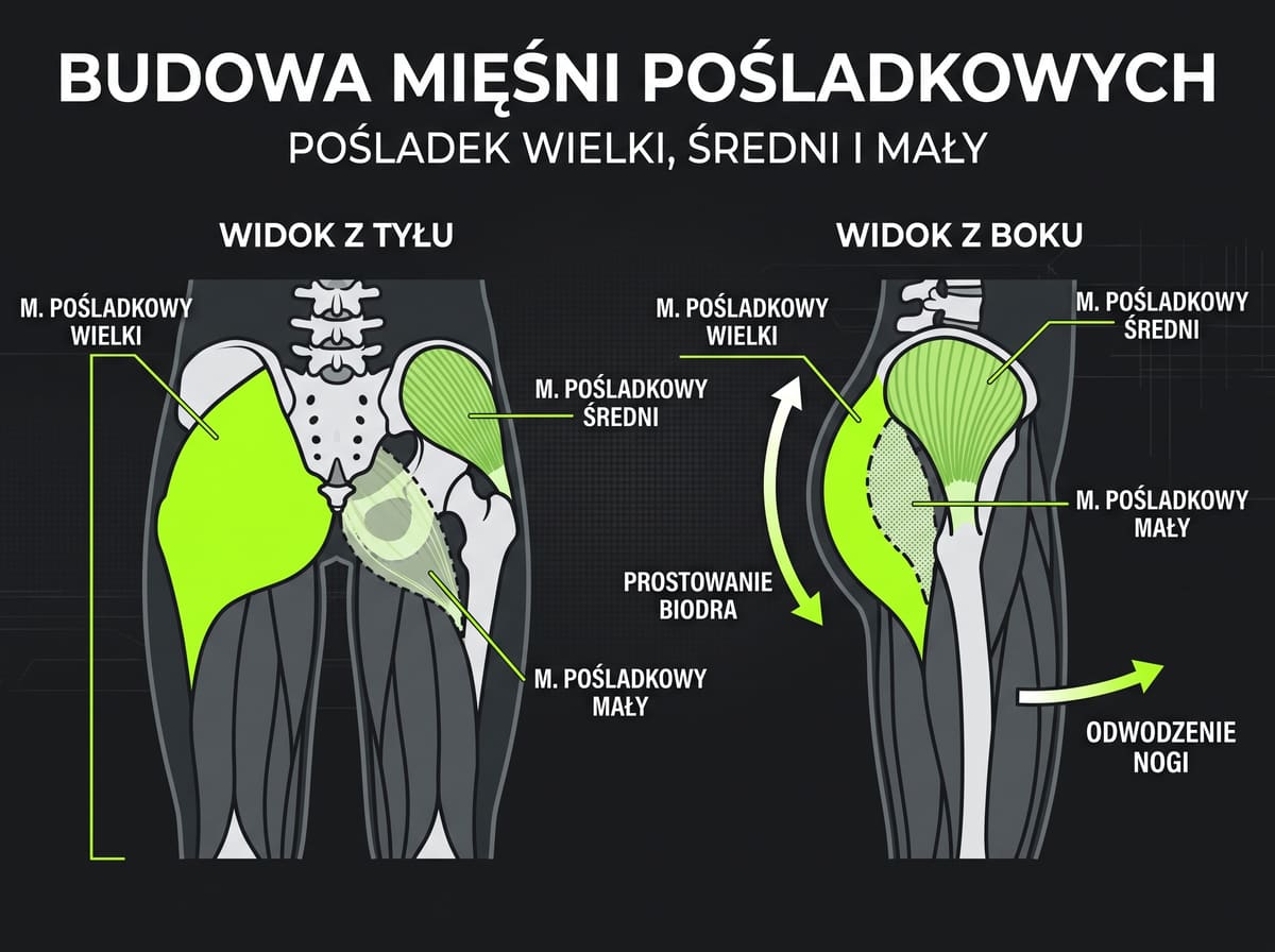 Budowa mięśni pośladkowych: pośladek wielki, średni i mały