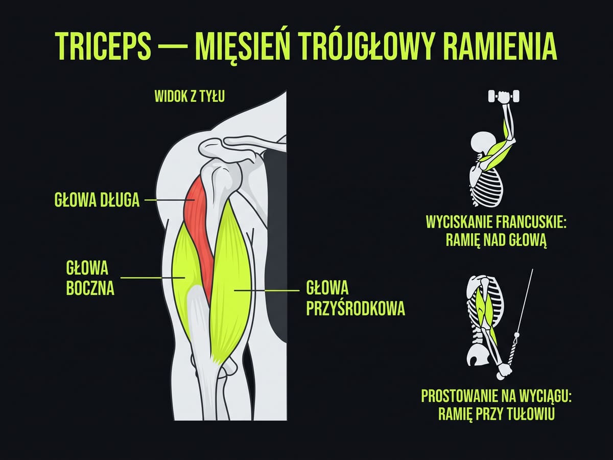 Trzy głowy tricepsa i pozycje ramienia w ćwiczeniach na triceps