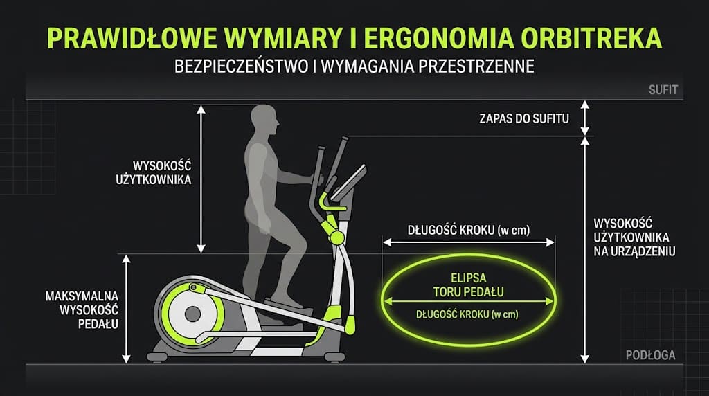 Schemat orbitreka z boku: zaznaczona elipsa toru pedału i jej długość jako „długość kroku” w centymetrach, maksymalna wysokość pedału nad podłogą…