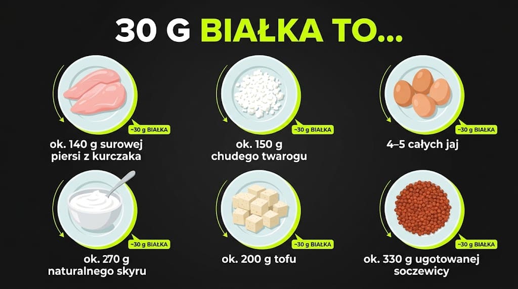 Infografika „30 g białka to…”: sześć talerzyków z porcjami podpisanymi gramaturą – ok