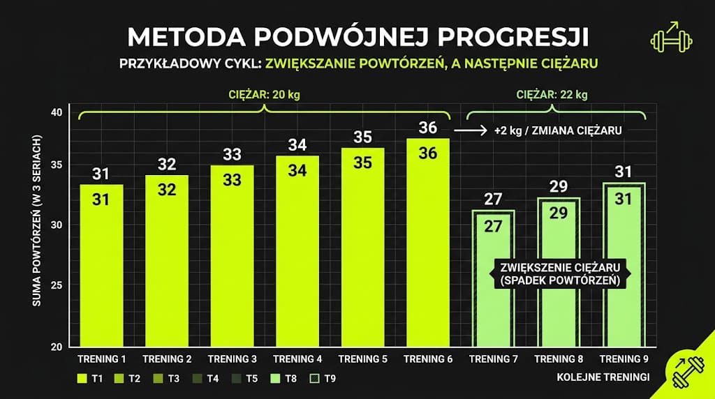 Wykres podwójnej progresji: oś pozioma to kolejne treningi od 1 do 9, oś pionowa to suma powtórzeń w trzech seriach