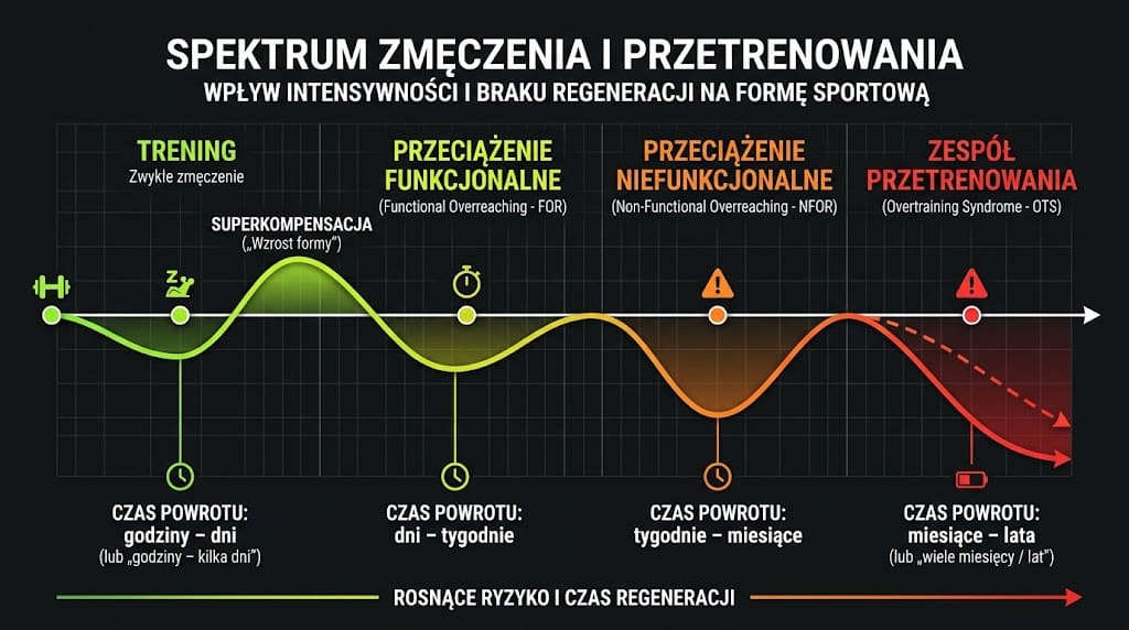 Infografika: pozioma oś od „trening” przez „przeciążenie funkcjonalne” i „przeciążenie niefunkcjonalne” do „zespołu przetrenowania”, z czasem…