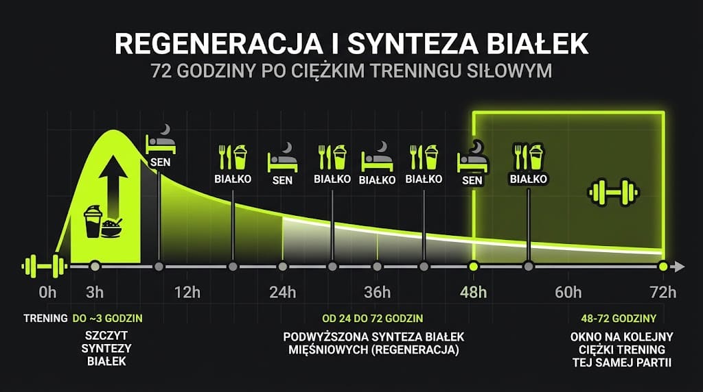 Prosta infografika: oś czasu 72 godzin po ciężkim treningu siłowym
