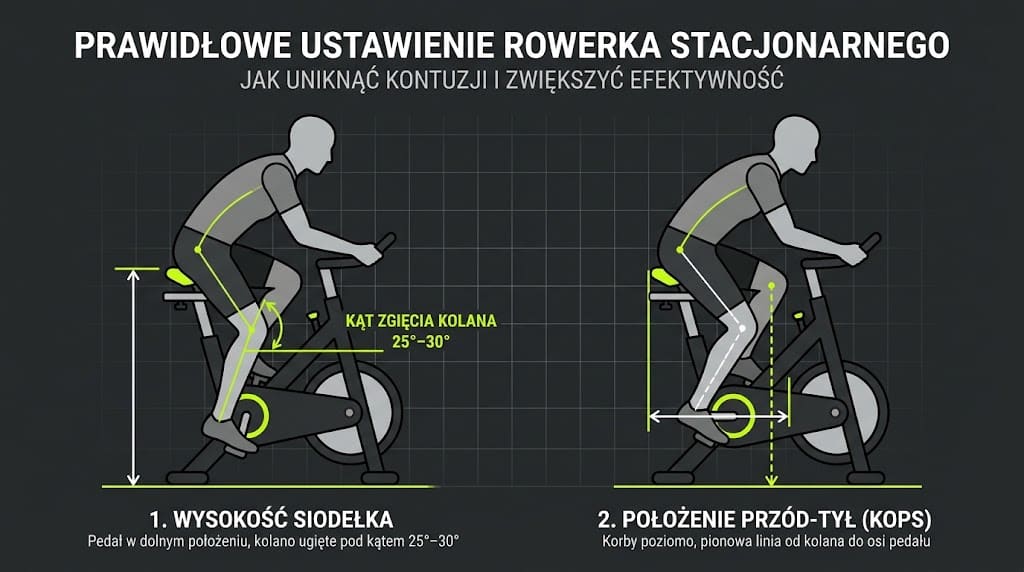Schemat ustawienia rowerka stacjonarnego: sylwetka rowerzysty z boku, pedał w dolnym położeniu, zaznaczony kąt zgięcia kolana 25–30 stopni; druga…