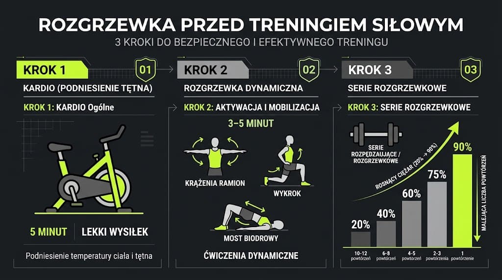 Infografika: trzy kroki rozgrzewki przed treningiem siłowym ułożone od lewej do prawej