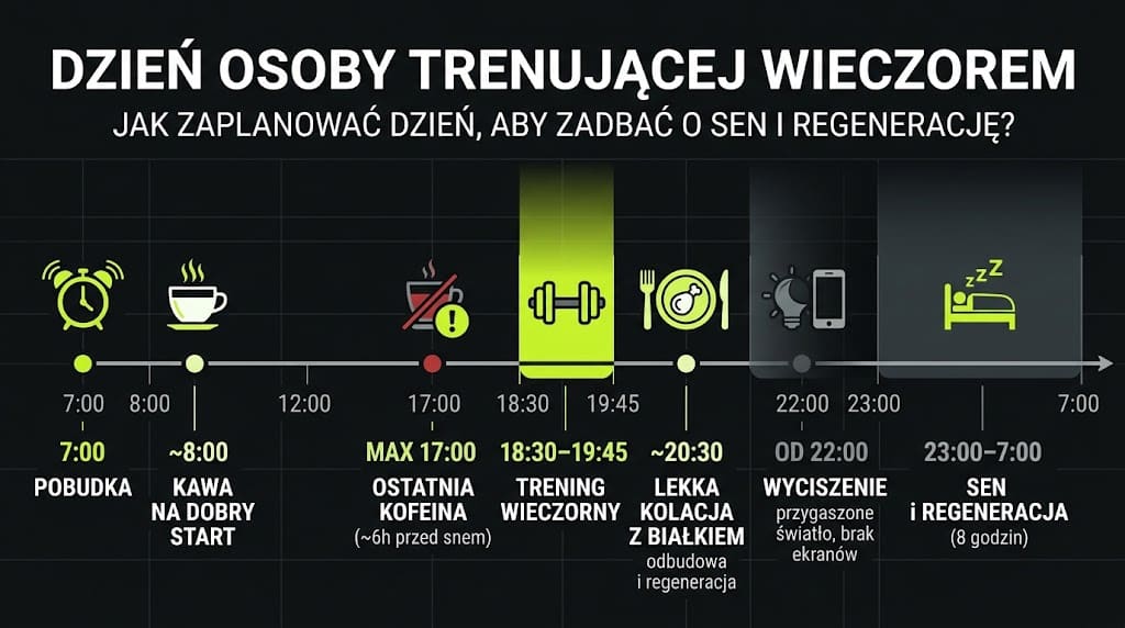 Infografika: oś jednego dnia osoby trenującej wieczorem