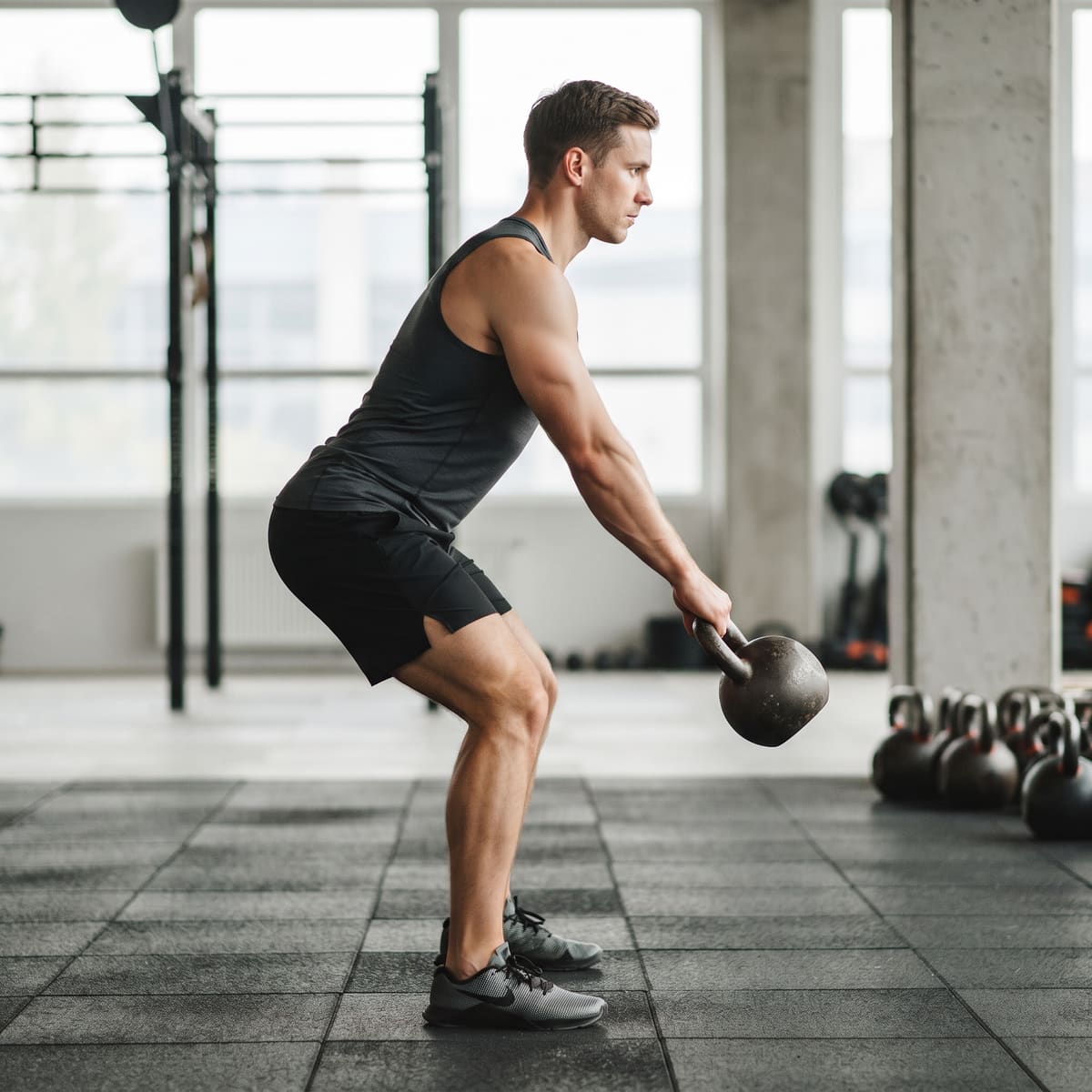 Swing kettlebell oburącz, widok z boku