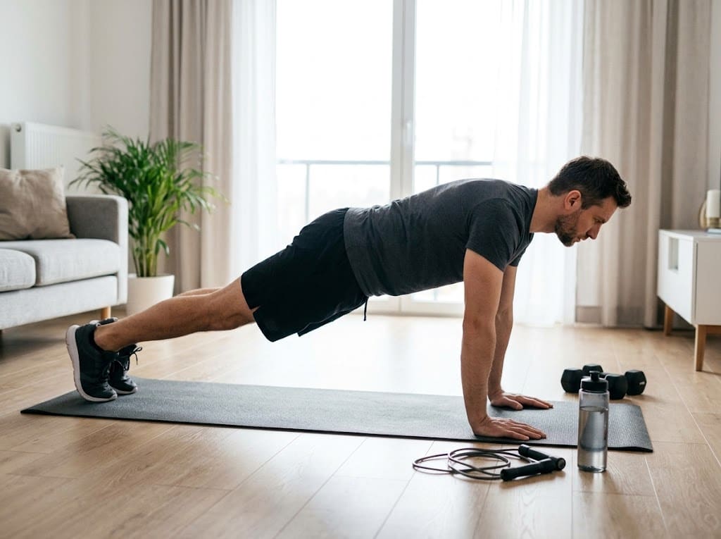 Mężczyzna wykonuje burpees w salonie na macie, uchwycony w fazie podporu przodem, obok leży skakanka i stoi butelka wody