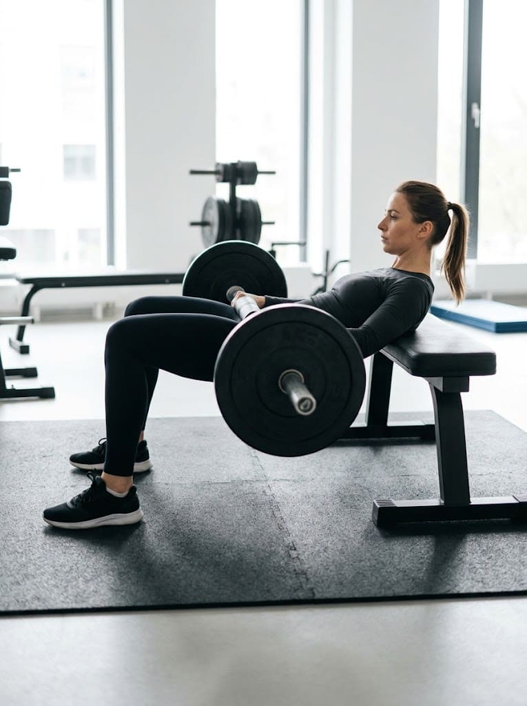 Kobieta wykonuje hip thrust ze sztangą opartą na biodrach, plecy oparte o ławkę, w górnej pozycji biodra wyprostowane, broda lekko przy klatce